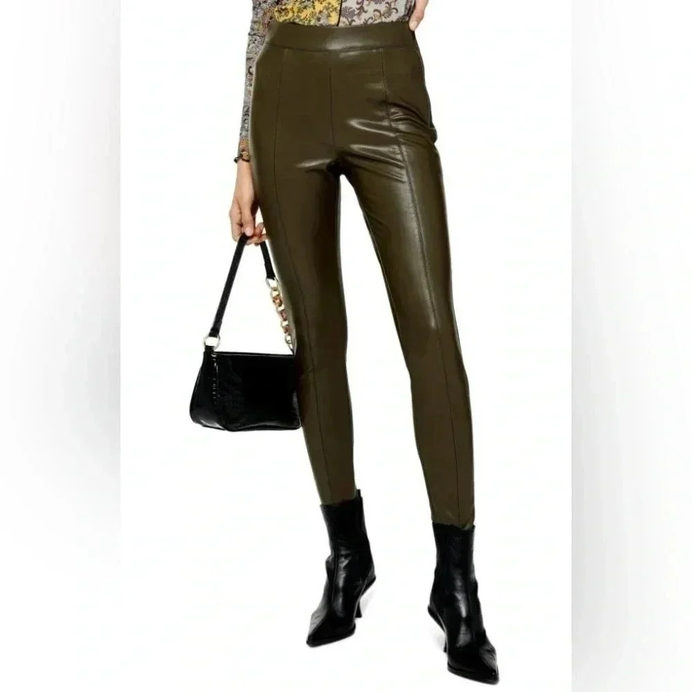 Topshop Piper Faux Leather Leggings Olive Khaki Green Size 4